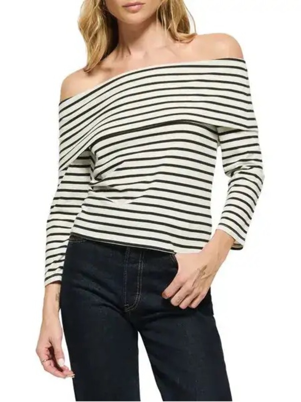 Nation LTD Off-the-Shoulder Striped Sweater in Cream & Black